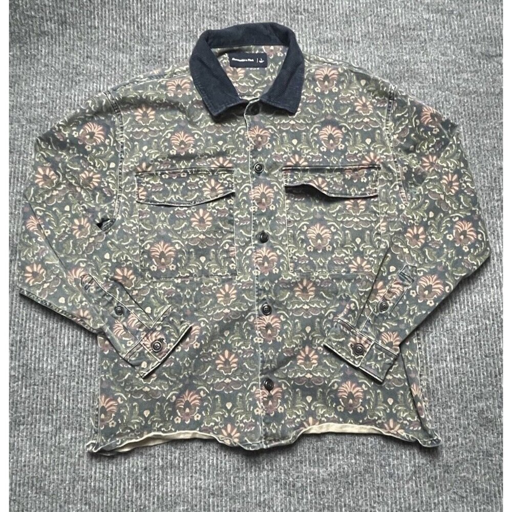 Vtg Abercrombie & Fitch coat mens large tapestry print twill overshirt in navy
